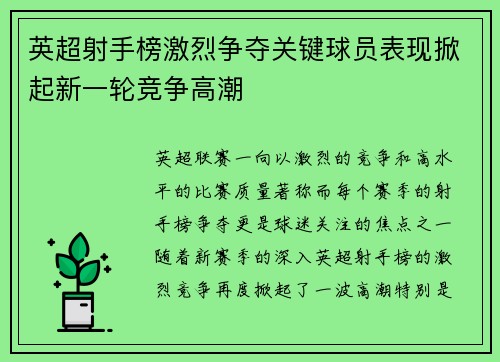 英超射手榜激烈争夺关键球员表现掀起新一轮竞争高潮