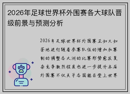 2026年足球世界杯外围赛各大球队晋级前景与预测分析